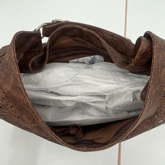 BIG BUDDLA XL Tan Bucket‎ Shoulder Bag With Laser Cutouts Over Bronze Metallic - Picture 6 of 12